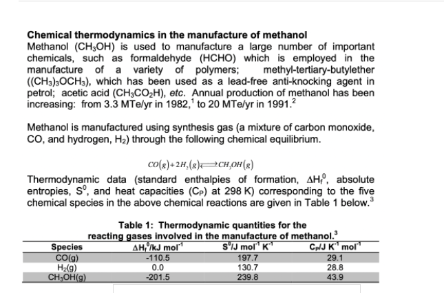 Chemical thermodynamics in the manufacture of methanol
Methanol (CH3OH) is used to manufacture a large number of important
chemicals, such as formaldehyde (HCHO) which is employed in the
manufacture of a variety of polymers;
((CH3),OCH3), which has been used as a lead-free anti-knocking agent in
petrol; acetic acid (CH;CO2H), etc. Annual production of methanol has been
increasing: from 3.3 MTe/yr in 1982,' to 20 MTe/yr in 1991.2
methyl-tertiary-butylether
Methanol is manufactured using synthesis gas (a mixture of carbon monoxide,
co, and hydrogen, H2) through the following chemical equilibrium.
co(x)+2H,(x)=CH,OH(8)
Thermodynamic data (standard enthalpies of formation, AH, absolute
entropies, s°, and heat capacities (Cp) at 298 K) corresponding to the five
chemical species in the above chemical reactions are given in Table 1 below.
Table 1: Thermodynamic quantities for the
reacting gases involved in the manufacture of methanol.
CplJ K mol"
Species
Co(g)
H2(g)
CH;OH(g)
AH /kJ mol
S'IJ mol K'
-110.5
197.7
29.1
0.0
130.7
28.8
-201.5
239.8
43.9
