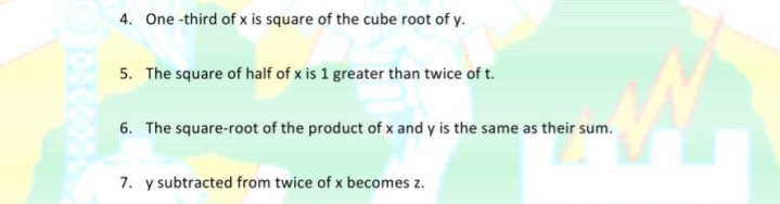 4. One -third of x is square of the cube root of y.
5. The square of half of x is 1 greater than twice of t.
6. The square-root of the product of x and y is the same as their sum.
7. y subtracted from twice of x becomes z.
