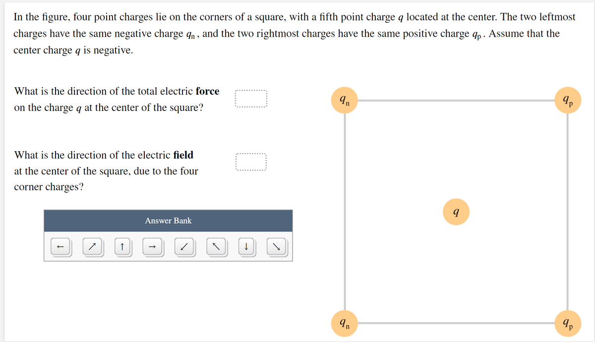 In the figure, four point charges lie on the corners of a square, with a fifth point charge q located at the center. The two leftmost
charges have the same negative charge qn , and the two rightmost charges have the same positive charge q,. Assume that the
center charge q is negative.
What is the direction of the total electric force
on the charge q at the center of the square?
What is the direction of the electric field
at the center of the square, due to the four
corner charges?
Answer Bank
9,
de
