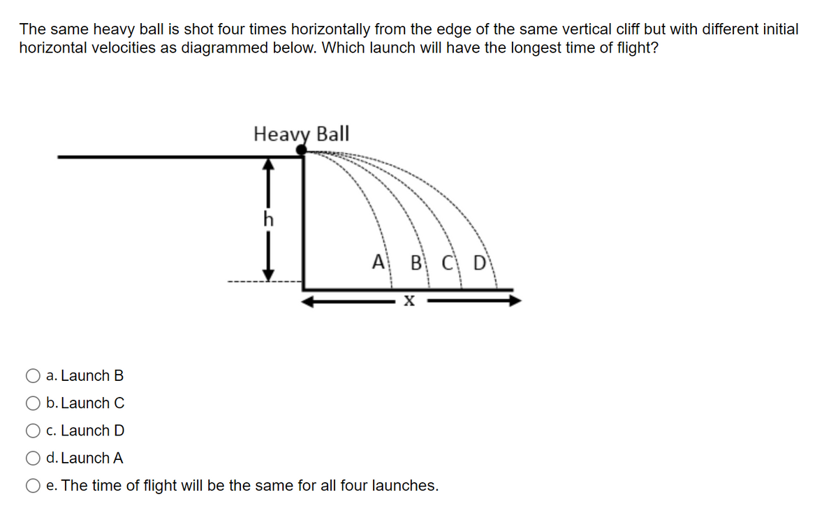 The same heavy ball is shot four times horizontally from the edge of the same vertical cliff but with different initial
horizontal velocities as diagrammed below. Which launch will have the longest time of flight?
Heavy Ball
h
A B C D
a. Launch B
b. Launch C
c. Launch D
O d. Launch A
e. The time of flight will be the same for all four launches.
