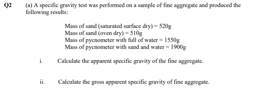 Q2
(a) A specific gravity test was performed on a sample of fine aggregate and produced the
following results:
Mass of sand (saturated surface dry) = 520g
Mass of sand (oven dry) = 510g
Mass of pycnometer with full of water = 1550g
Mass of pycnometer with sand and water = 1900g
i.
Calculate the apparent specific gravity of the fine aggregate.
ii.
Calculate the gross apparent specific gravity of fine aggregate.
