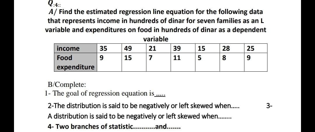 Q:4:
A/ Find the estimated regression line equation for the following data
that represents income in hundreds of dinar for seven families as an L
variable and expenditures on food in hundreds of dinar as a dependent
variable
income
35
49
21
39
15
28
25
Food
9.
15
7
11
5
8
9.
expenditure
B/Complete:
1- The goal of regression equation is .
2-The distribution is said to be negatively or left skewed when..
A distribution is said to be negatively or left skewed when..
3-
4- Two branches of statistic. .and...
