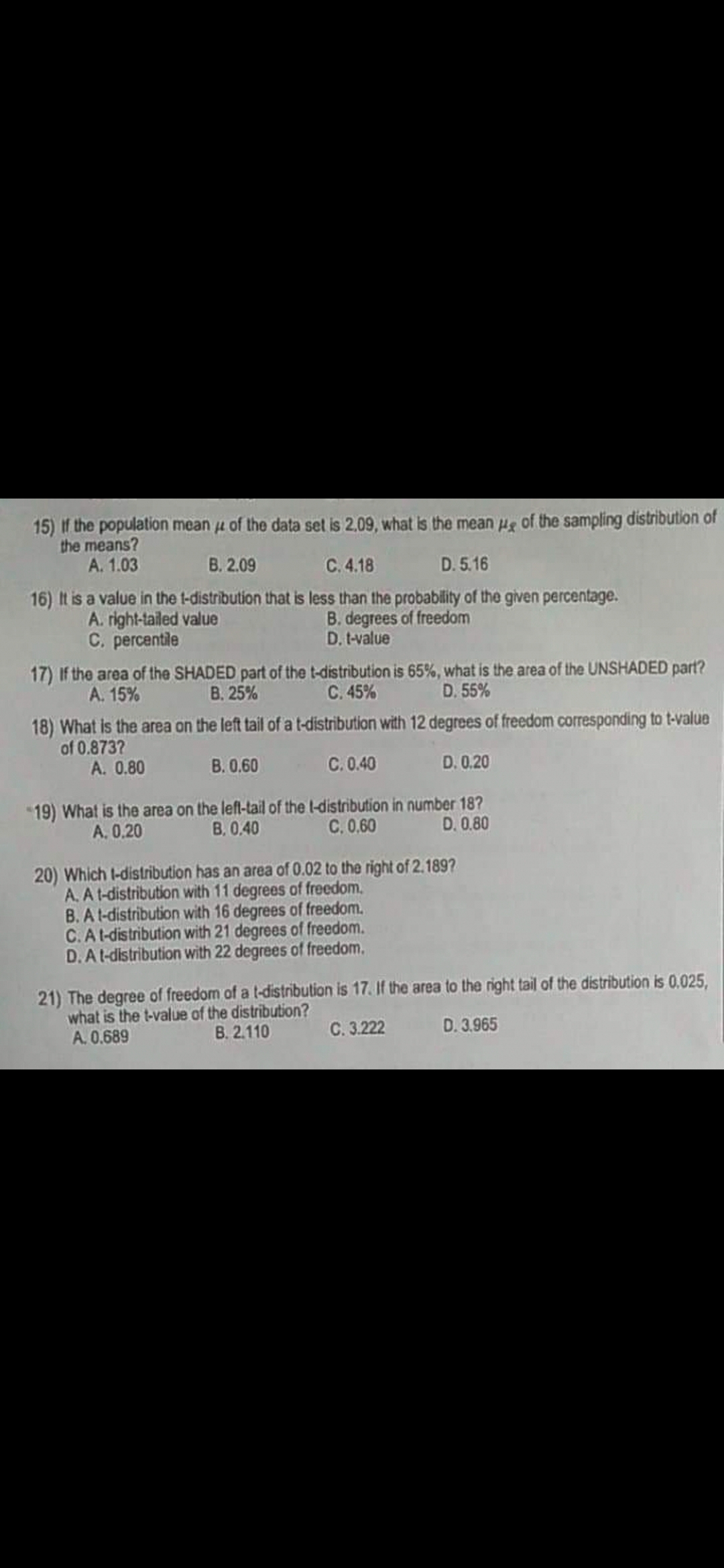 15) If the population mean 4 of the data set is 2,09, what is the mean ug of the sampling distribution of
the means?
A. 1.03
B. 2.09
C. 4.18
D. 5.16
16) It is a value in the t-distribution that is less than the probability of the given percentage.
A. right-tailed value
C. percentile
B. degrees of freedom
D. t-value
17) If the area of the SHADED part of the t-distribution is 65%, what is the area of the UNSHADED part?
C. 45%
A. 15%
В. 25%
D. 55%
18) What is the area on the left tail of at-distribution with 12 degrees of freedom corresponding to t-value
of 0.873?
A. 0.80
B. 0.60
C. 0.40
D. 0.20
19) What is the area on the left-tail of the l-distribution in number 18?
B. 0.40
A. 0.20
C. 0,60
D. 0.80
20) Which l-distribution has an area of 0.02 to the right of 2.189?
A. A t-distribution with 11 degrees of freedom.
B. A t-distribution with 16 degrees of freedom.
C.At-distribution with 21 degrees of freedom.
D.Al-distribution with 22 degrees of freedom.
21) The degree of freedom of a t-distribution is 17. If the area to the right tail of the distribution is 0.025,
what is the t-value of the distribution?
A. 0.689
В. 2.110
C. 3.222
D. 3.965
