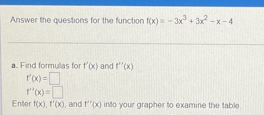 Answer the questions for the function f(x) = - 3x + 3x -x- 4
a. Find formulas for f'(x) and f'(x).
f'(x) =
f"(x) = |
Enter f(x), f'(x), and f''(x) into your grapher to examine the table.
