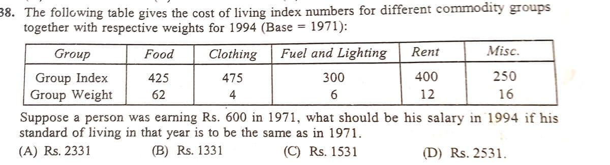 38. The following table gives the cost of living index numbers for different commodity groups
together with respective weights for 1994 (Base = 1971):
Group
Food
Clothing
Fuel and Lighting
Rent
Misc.
Group Index
Group Weight
425
475
300
400
250
62
4
6.
12
16
Suppose a person was earning Rs. 600 in 1971, what should be his salary in 1994 if his
standard of living in that year is to be the same as in 1971.
(A) Rs. 2331
(B) Rs. 1331
(C) Rs. 1531
(D) Rs. 2531.
