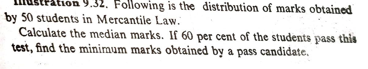tion 9.32. Following is the distribution of marks obtained
by 50 students in Mercantile Law.
Calculate the median marks. If 60 per cent of the students pass this
test, find the minimum marks obtained by a pass candidate,
