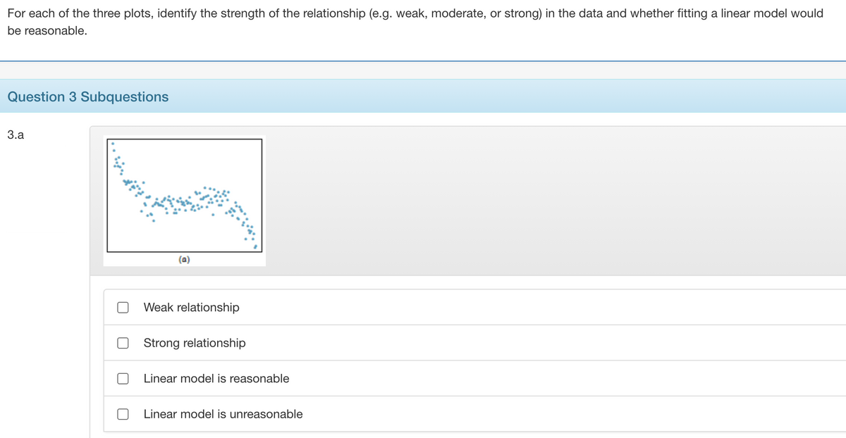 For each of the three plots, identify the strength of the relationship (e.g. weak, moderate, or strong) in the data and whether fitting a linear model would
be reasonable.
Question 3 Subquestions
3.a
(a)
Weak relationship
Strong relationship
Linear model is reasonable
Linear model is unreasonable
