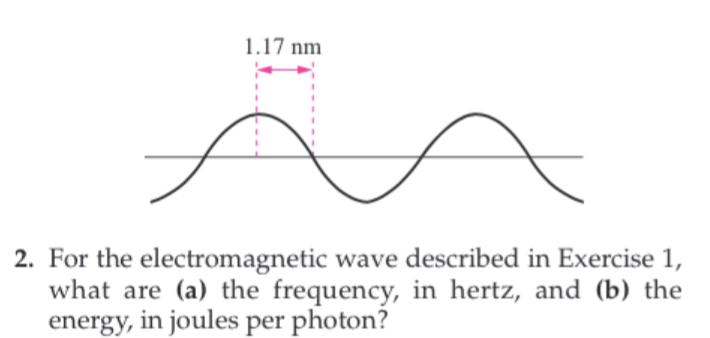 1.17 nm
2. For the electromagnetic wave described in Exercise 1
what are (a) the frequency, in hertz, and (b) the
energy, in joules per photon?
