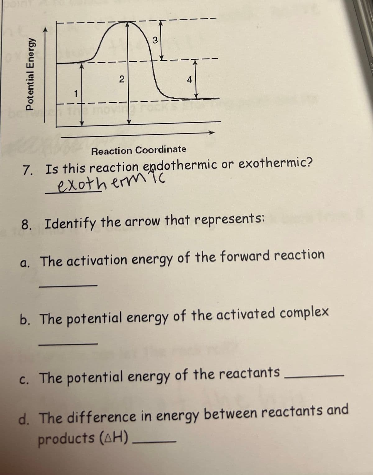 3
4
1
Reaction Coordinate
7. Is this reaction endothermic or exothermic?
exotherm
8. Identify the arrow that represents:
a. The activation energy of the forward reaction
b. The potential energy of the activated complex
c. The potential energy of the reactants
d. The difference in energy between reactants and
products (AH)
GU
2.
Potential Energy

