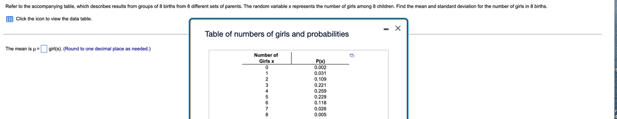Refer to the accompanying table, which describes results from groups of 8 births from 8 different sets of parents. The random variable x represents the number of girls among 8 children. Find the mean and standard deviation for the number of girls in 8 births.
Click the icon to view the data table.
X
-
Table of numbers of girls and probabilities
girl(s). (Round to one decimal place as needed.)
Number of
Girls x
P(x)
0
0.002
1
0.031
0.109
0.221
0.259
0.229
0.118
0.026
0.005
The mean is μ =
5678 AWN.
2
3
4