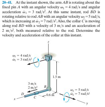 20-41. At the instant shown, the arm AB is rotating about the
fixed pin A with an angular velocity o = 4 rad/s and angular
acceleration ở = 3 rad/s. At this same instant, rod BD is
rotating relative to rod AB with an angular velocity wz =5 rad/s,
which is increasing at w,=7 rad/s. Also, the collar Cis moving
along rod BD with a velocity of 3 m/s and an acceleration of
2 m/s', both measured relative to the rod. Determine the
velocity and acceleration of the collar at this instant.
w = 4 rad/s
in = 3 rad/s?
1.5 m
3 m/s
2 m/s2
w, = 5 rad/s
iz = 7 rad/s?
0.6 m
