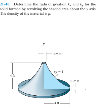 21-10. Determine the radii of gyration k, and k, for the
solid formed by revolving the shaded area about the y axis.
The density of the material is p.
-0.25 ft
xy = 1
4 ft
0.25 ft
4 ft
