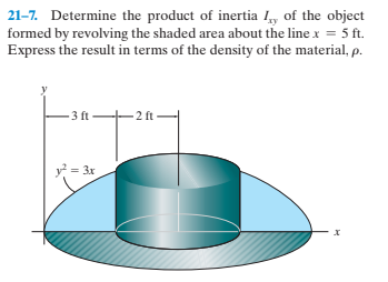 21-7. Determine the product of inertia I, of the object
formed by revolving the shaded area about the line x = 5 ft.
Express the result in terms of the density of the material, p.
- 3 ft
y = 3x
