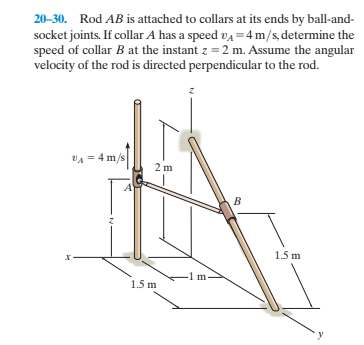 20-30. Rod AB is attached to collars at its ends by ball-and-
socket joints. If collar A has a speed va = 4 m/s, determine the
speed of collar B at the instant z = 2 m. Assume the angular
velocity of the rod is directed perpendicular to the rod.
VA = 4 m/s
2 m
1.5 m
-1 m
1.5 m
