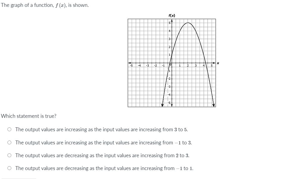 The graph of a function, f (x), is shown.
f(x)
-2+
1.
|-5
-2
-1
4 5
-2.
Which statement is true?
O The output values are increasing as the input values are increasing from 3 to 5.
O The output values are increasing as the input values are increasing from -1 to 3.
O The output values are decreasing as the input values are increasing from 2 to 3.
O The output values are decreasing as the input values are increasing from –1 to 1.
