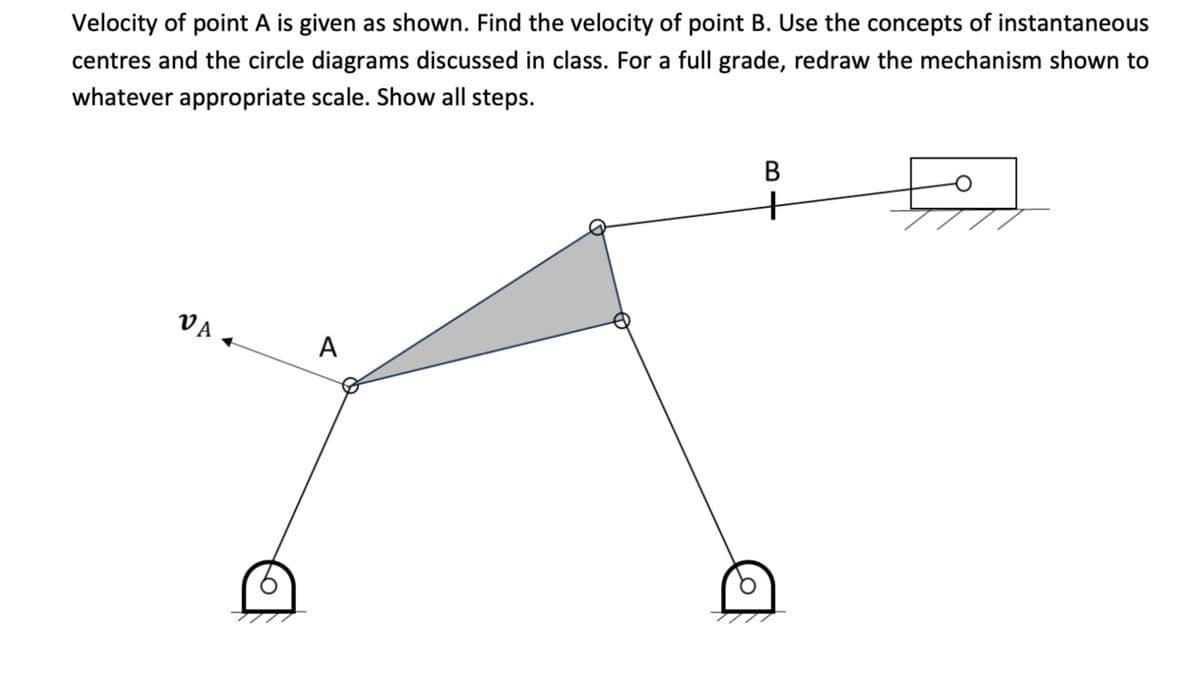 Velocity of point A is given as shown. Find the velocity of point B. Use the concepts of instantaneous
centres and the circle diagrams discussed in class. For a full grade, redraw the mechanism shown to
whatever appropriate scale. Show all steps.
ΘΑ
A
B
-O
+
0