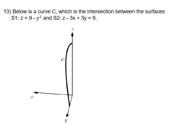 13) Below is a curve C, which is the intersection between the surfaces
S1: z = 9 - y? and S2: z - 3x + 3y = 9.
