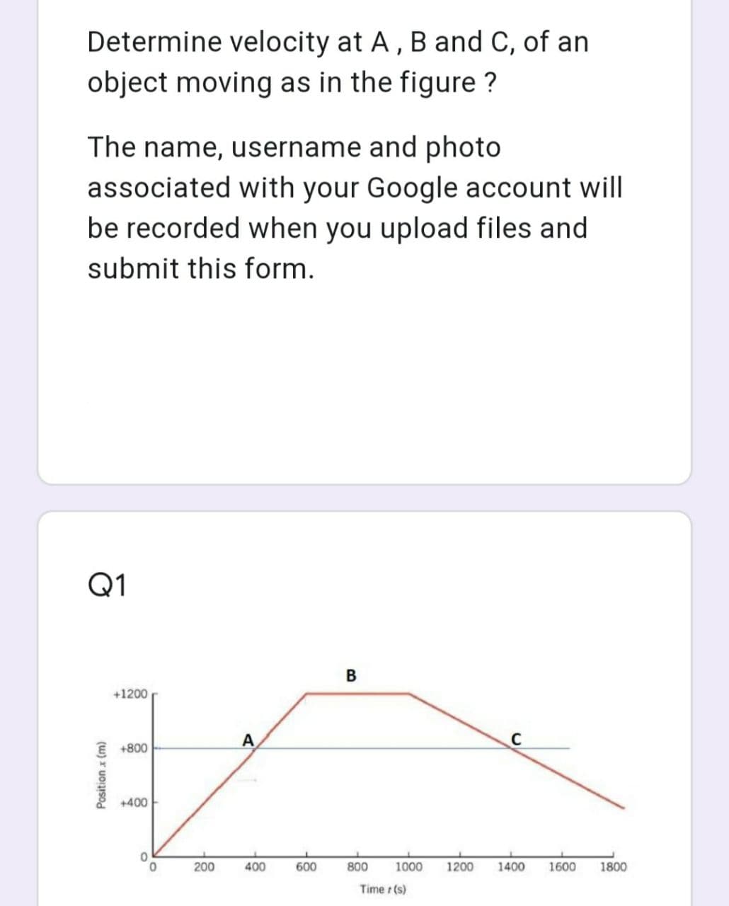 Determine velocity at A, B and C, of an
object moving as in the figure ?
The name, username and photo
associated with your Google account will
be recorded when you upload files and
submit this form.
Q1
+1200
A
C
+800
+400
200
400
600
800
1000
1200
1400
1600
1800
Time r (s)
Position x (m)
