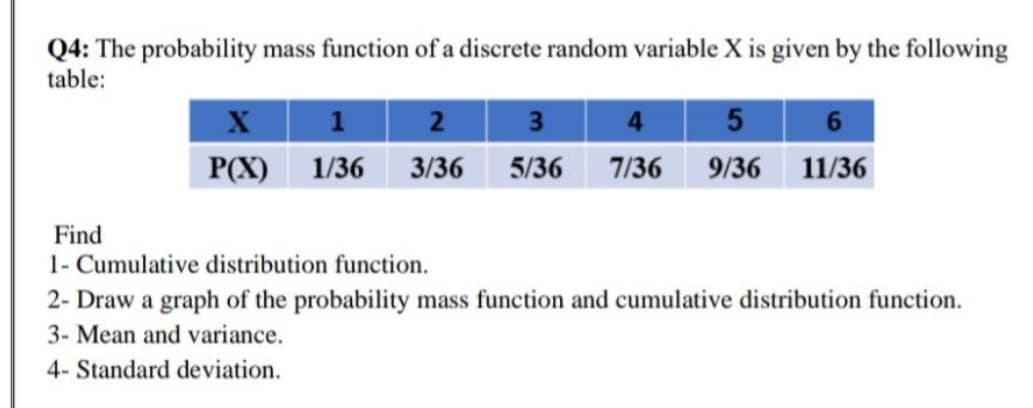 Q4: The probability mass function of a discrete random variable X is given by the following
table:
X
1
2
3
4
5
6
P(X) 1/36 3/36 5/36 7/36 9/36 11/36
Find
1- Cumulative distribution function.
2- Draw a graph of the probability mass function and cumulative distribution function.
3- Mean and variance.
4- Standard deviation.