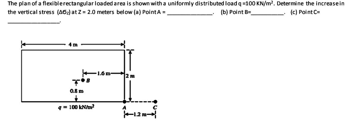 The plan of a flexiblerectangular loaded area is shown with a uniformly distributed load q =100 KN/m2. Determine the increasein
the vertical stress (A6z) at Z= 2.0 meters bel ow (a) Point A =
(b) Point B=
(c) Point C=
4 m
1.6 m-
2 m
0.8 m
q = 100 kN/m?
C
1.2 m-

