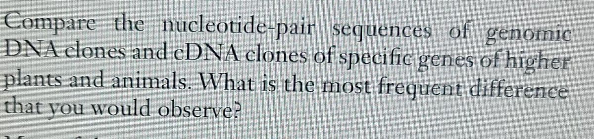 Compare the nucleotide-pair sequences of genomic
DNA clones and CDNA clones of specific genes of higher
plants and animals. What is the most frequent difference
that you would observe?
