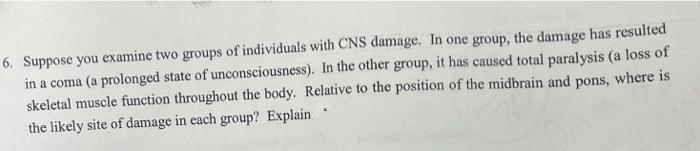 6. Suppose you examine two groups of individuals with CNS danmage. In one group, the damage has resulted
in a coma (a prolonged state of unconsciousness). In the other group, it has caused total paralysis (a loss of
skeletal muscle function throughout the body. Relative to the position of the midbrain and pons, where is
the likely site of damage in each group? Explain
