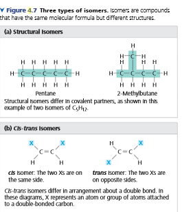 V Figure 4.7 Three types of isomers. Isomers are compounds
that have the same molecular formula but different structures.
(a) Structural Isomers
H-CH
HH H H H
H H
H
HH H H H
H H H H
2-Methylbutane
Structural isomers differ in covalent partners, as shown In ths
Pentane
example of two isomers of C,H2.
(b) Cis-trans Isomers
H
C=C
H
cis isomer. The two Xs are on trans Isomer: The two Xs are
the same side.
on opposite sides.
Cs-trans isomers differ in arrangement about a double bond. In
these diagrams, X represents an atom or group of atoms attached
to a double bonded carbon.
