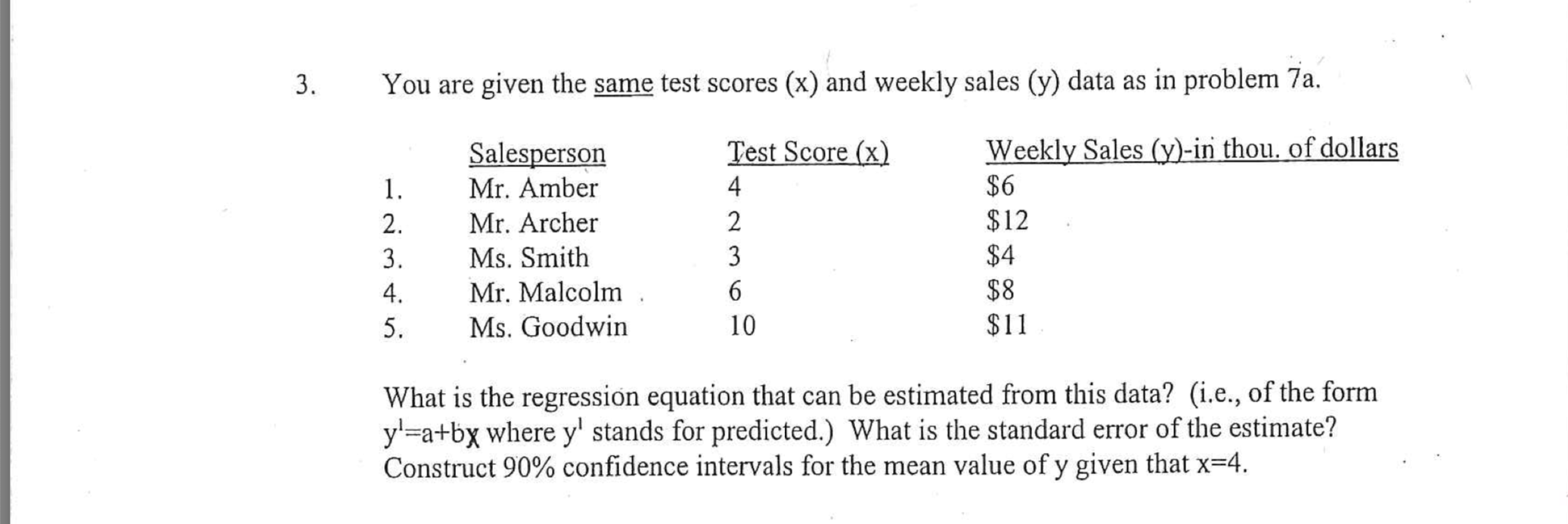 You are given the same test scores (x) and weekly sales (y) data as in problem 7a.
Weekly Sales (y)-in thou, of dollars
Salesperson
Mr. Amber
Test Score (x)
4
1.
$6
$12
$4
$8
2.
Mr. Archer
3
6
3.
Ms. Smith
4.
Mr. Malcolm
5.
Ms. Goodwin
$1
10
What is the regression equation that can be estimated from this data? (i.e., of the form
y'=a+bx where y' stands for predicted.) What is the standard error of the estimate?
Construct 90% confidence intervals for the mean value of y given that x=4.
