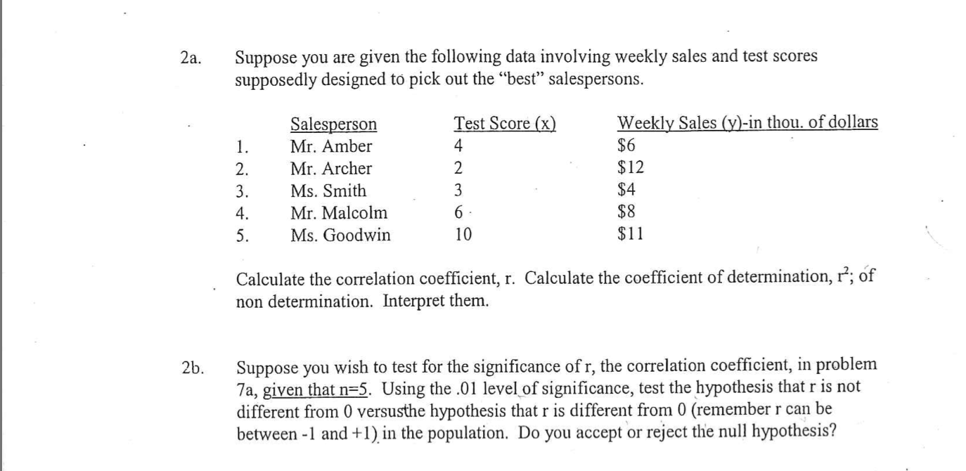 Suppose you are given the following data involving weekly sales and test scores
supposedly designed to pick out the “best" salespersons.
Weekly Sales (y)-in thou. of dollars
$6
$12
Salesperson
Test Score (x)
1.
Mr. Amber
4
2.
Mr. Archer
2
3.
Ms. Smith
3
$4
4.
Mr. Malcolm
$8
5.
Ms. Goodwin
10
$11
Calculate the correlation coefficient, r. Calculate the coefficient of determination, r; of
non determination. Interpret them.
Suppose you wish to test for the significance of r, the correlation coefficient, in problem
7a, given that n=5. Using the .01 level of significance, test the hypothesis that r is not
different from 0 versusthe hypothesis that r is different from 0 (remember r can be
between -1 and +1) in the population. Do you accept or reject the null hypothesis?
