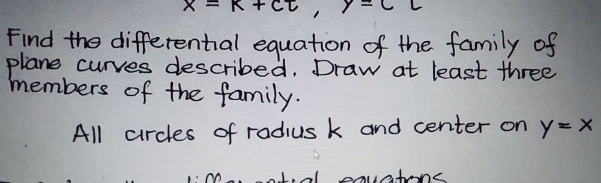 Find the differental equation of the family of
plane curves described, Draw at least three
members of the family.
All crcles of radius k and center on y= X
otial eauatons
