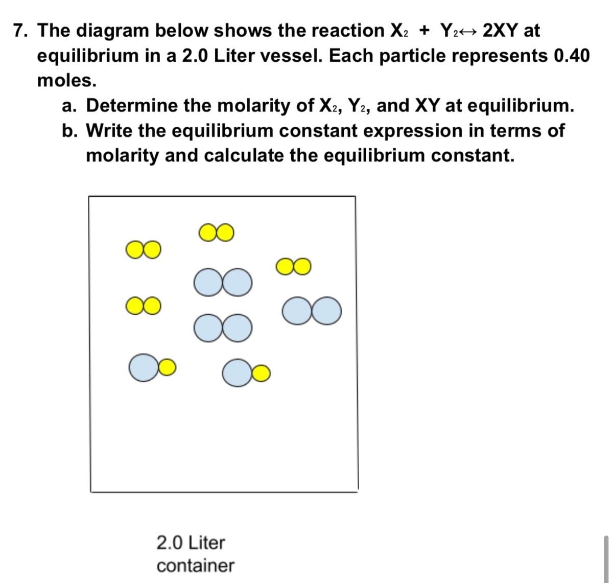 7. The diagram below shows the reaction X2 + Y2→ 2XY at
equilibrium in a 2.0 Liter vessel. Each particle represents 0.40
moles.
a. Determine the molarity of X2, Y2, and XY at equilibrium.
b. Write the equilibrium constant expression in terms of
molarity and calculate the equilibrium constant.
2.0 Liter
container
8.
