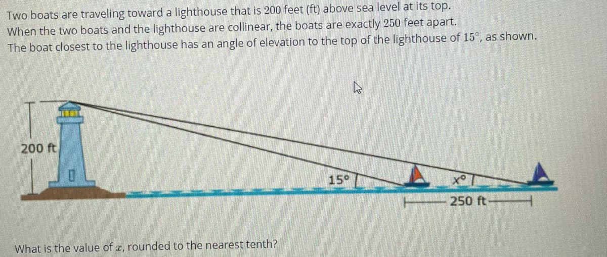 Two boats are traveling toward a lighthouse that is 200 feet (ft) above sea level at its top.
When the two boats and the lighthouse are collinear, the boats are exactly 250 feet apart.
The boat closest to the lighthouse has an angle of elevation to the top of the lighthouse of 15°, as shown.
200 ft
15°
250 ft
What is the value of r, rounded to the nearest tenth?
