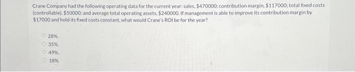 Crane Company had the following operating data for the current year: sales, $470000; contribution margin, $117000; total fixed costs
(controllable), $50000; and average total operating assets, $240000. If management is able to improve its contribution margin by
$17000 and hold its fixed costs constant, what would Crane's ROI be for the year?
Ⓒ28%
35%
Ⓒ49%
18%.