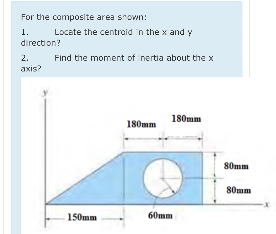 For the composite area shown:
1.
Locate the centroid in the x and y
direction?
2.
Find the moment of inertia about the x
axis?
180mm
180mm
80mm
80mm
150mm
60mm
