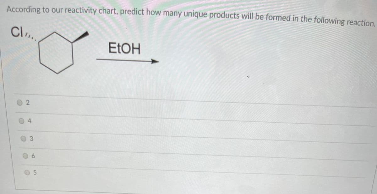According to our reactivity chart, predict how many unique products will be formed in the following reaction.
ELOH
4.
03
6.
