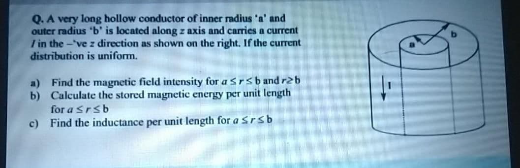Q.A very long hollow conductor of inner radius 'a' and
outer radius 'b' is located along z axis and carries a current
I in the -'ve z direction as shown on the right. If the current
distribution is uniform.
a) Find the magnetic field intensity for a srsb and r2b
b) Calculate the stored magnetic energy per unit length
for a srsb
c) Find the inductance per unit length for a srsb
