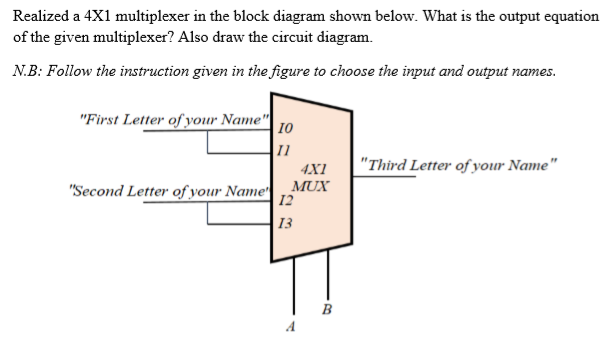 Realized a 4X1 multiplexer in the block diagram shown below. What is the output equation
of the given multiplexer? Also draw the circuit diagram.
N.B: Follow the instruction given in the figure to choose the input and output names.
"First Letter of your Name"|
10
I1
| "Third Letter of your Name"
4X1
"Second Letter of your Name MUX
12
13
B
