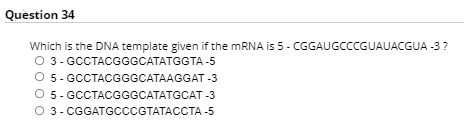 Question 34
Which is the DNA template given if the MRNA is 5- CGGAUGCCCGUAUACGUA -3?
о з- GССТАСGGGCATATGGTA -5
O 5- GCCTACGGGCATAAGGAT -3
0 5- GCCTACGGGCATATGCАТ-3
о 3- CGGATGCCCGTATACCТА -5
