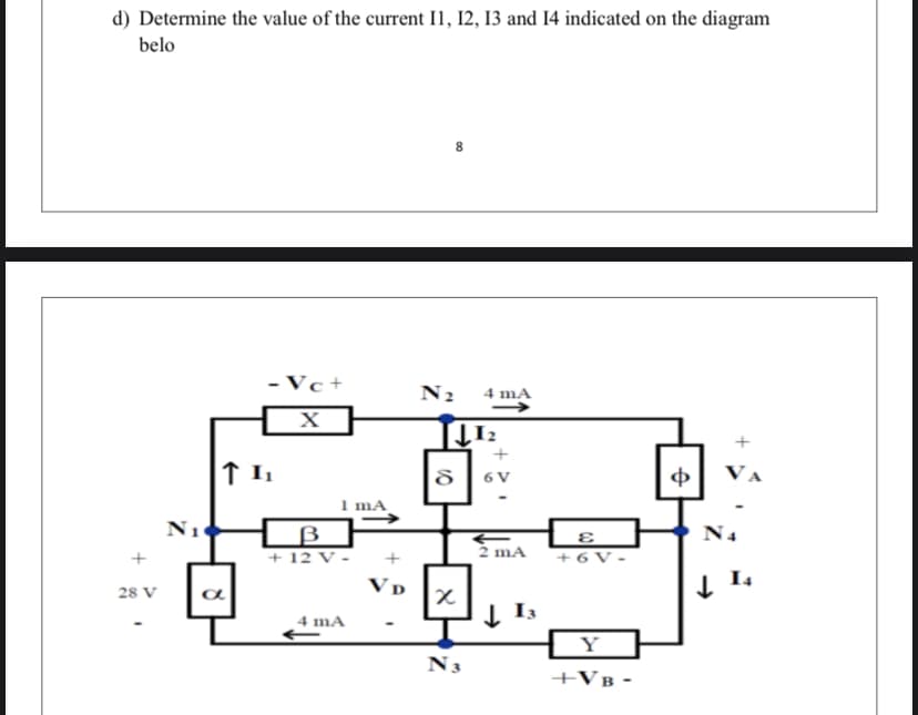 d) Determine the value of the current I1, 12, 13 and 14 indicated on the diagram
belo
- Vc+
N2
4 mA
X
ф
VA
6 V
1 mA
N1
N4
+ 12 V -
2 mA
+ 6 V
VD
J I4
28 V
J I3
4 mA
Y
N3
+VB -
00
