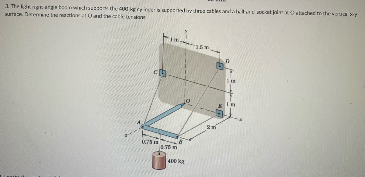 3. The light right-angle boom which supports the 400-kg cylinder is supported by three cables and a ball-and-socket joint at O attached to the vertical x-y
surface. Determine the reactions at O and the cable tensions.
y
1m
1.5 m
D
1 m
1 m
E
2 m
B
0.75 m
0.75 m
400 kg
