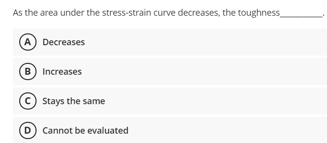 As the area under the stress-strain curve decreases, the toughness
A Decreases
B) Increases
Stays the same
D Cannot be evaluated
