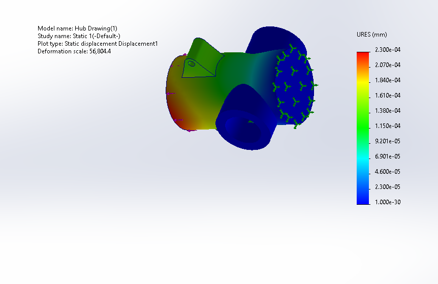 Model name: Hub Drawing (1)
Study name: Static 1(-Default-)
Plot type: Static displacement Displacement1
Deformation scale: 56,804.4
(0
UA
URES (mm)
2.300e-04
2.070e-04
1.840e-04
1.610e-04
- 1.380e-04
1.150e-04
9.201e-05
6.901e-05
4.600e-05
2.300e-05
1.000e-30