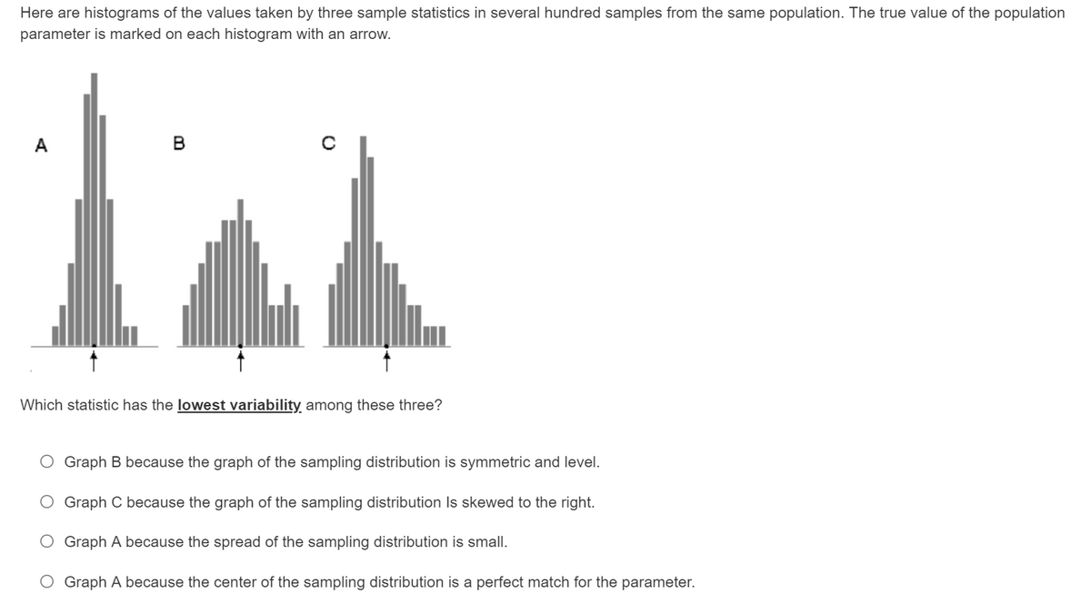 Here are histograms of the values taken by three sample statistics in several hundred samples from the same population. The true value of the population
parameter is marked on each histogram with an arrow.
A
B
Which statistic has the lowest variability among these three?
O Graph B because the graph of the sampling distribution is symmetric and level.
Graph C because the graph of the sampling distribution Is skewed to the right.
O Graph A because the spread of the sampling distribution is small.
O Graph A because the center of the sampling distribution is a perfect match for the parameter.
