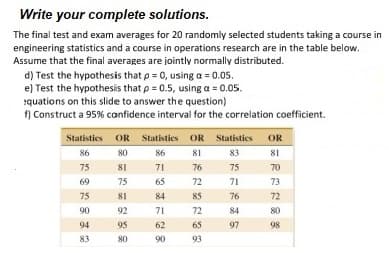 Write your complete solutions.
The final test and exam averages for 20 randomly selected students taking a course in
engineering statistics and a course in operations research are in the table below.
Assume that the final averages are jointly normally distributed.
d) Test the hypothesis that p = 0, using a = 0.05.
e) Test the hypothesis that p = 0.5, using a = 0.05.
equations on this slide to answer the question)
f) Construct a 95% confidence interval for the correlation coefficient.
Statistics
OR Statistics OR Statistics OR
86
80
86
81
83
81
75
81
71
76
75
70
69
75
65
72
71
73
75
81
84
85
76
72
90
92
71
72
84
80
94
95
62
65
97
98
83
80
90
93