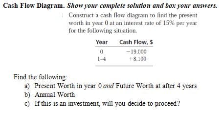 Cash Flow Diagram. Show your complete solution and box your answers.
Construct a cash flow diagram to find the present
worth in year 0 at an interest rate of 15% per year
for the following situation.
Year
Cash Flow, $
0
- 19,000
1-4
+8.100
Find the following:
a) Present Worth in year 0 and Future Worth at after 4 years
b) Annual Worth
c) If this is an investment, will you decide to proceed?
