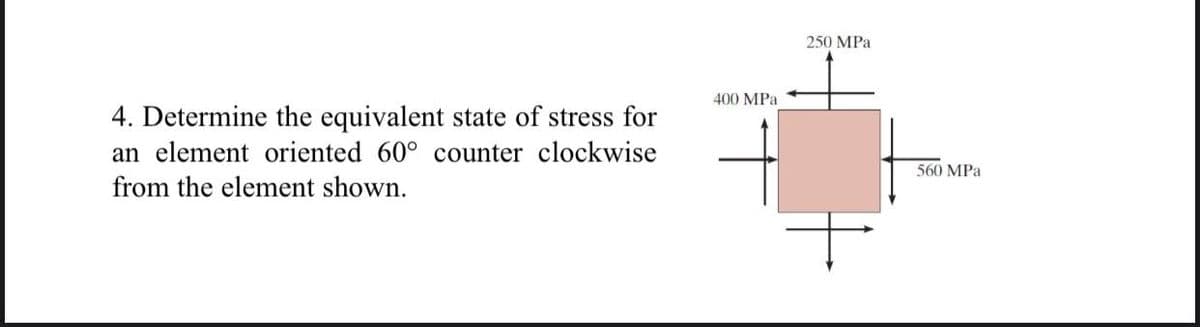 250 MPa
400 MPa
4. Determine the equivalent state of stress for
an element oriented 60° counter clockwise
560 MPa
from the element shown.
