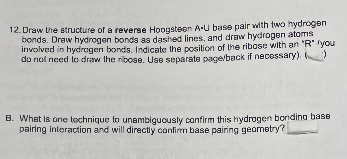 12. Draw the structure of a reverse Hoogsteen A•U base pair with two hydrogen
bonds. Draw hydrogen bonds as dashed lines, and draw hydrogen atoms
involved in hydrogen bonds. Indicate the position of the ribose with an "R" /you
do not need to draw the ribose.. Use separate page/back if necessary). ()
B. What is one technique to unambiguously confirm this hydrogen bondina base
pairing interaction and will directly confirm base pairing geometry?
