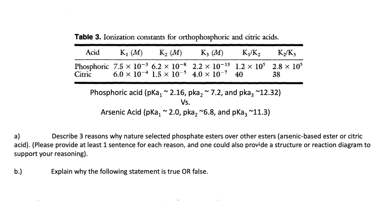 Table 3. Ionization constants for orthophosphoric and citric acids.
Acid
К, (М)
К2 (М)
K3 (M)
K,/K2
K/K3
Phosphoric 7.5 × 10-³ 6.2 × 10-8 2.2 × 10-13 1.2 × 10$ 2.8 × 105
Citric
6.0 × 10-4 1.5 × 10-5 4.0 × 10-7 40
38
Phosphoric acid (pKa, ~ 2.16, pka, - 7.2, and pka, ~12.32)
Vs.
Arsenic Acid (pKa, 2.0, pka, "6.8, and pka, "11.3)
a)
acid). (Please provide at least 1 sentence for each reason, and one could also provide a structure or reaction diagram to
Describe 3 reasons why nature selected phosphate esters over other esters (arsenic-based ester or citric
support your reasoning).
b.)
Explain why the following statement is true OR false.
