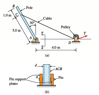 B
Pole
1.0 m
Cable
30°
Pulley
5.0 m
a
T
D
4.0 m
(a)
-ACB
АСВ
- Pin
Pin supporte
plates
(b)
