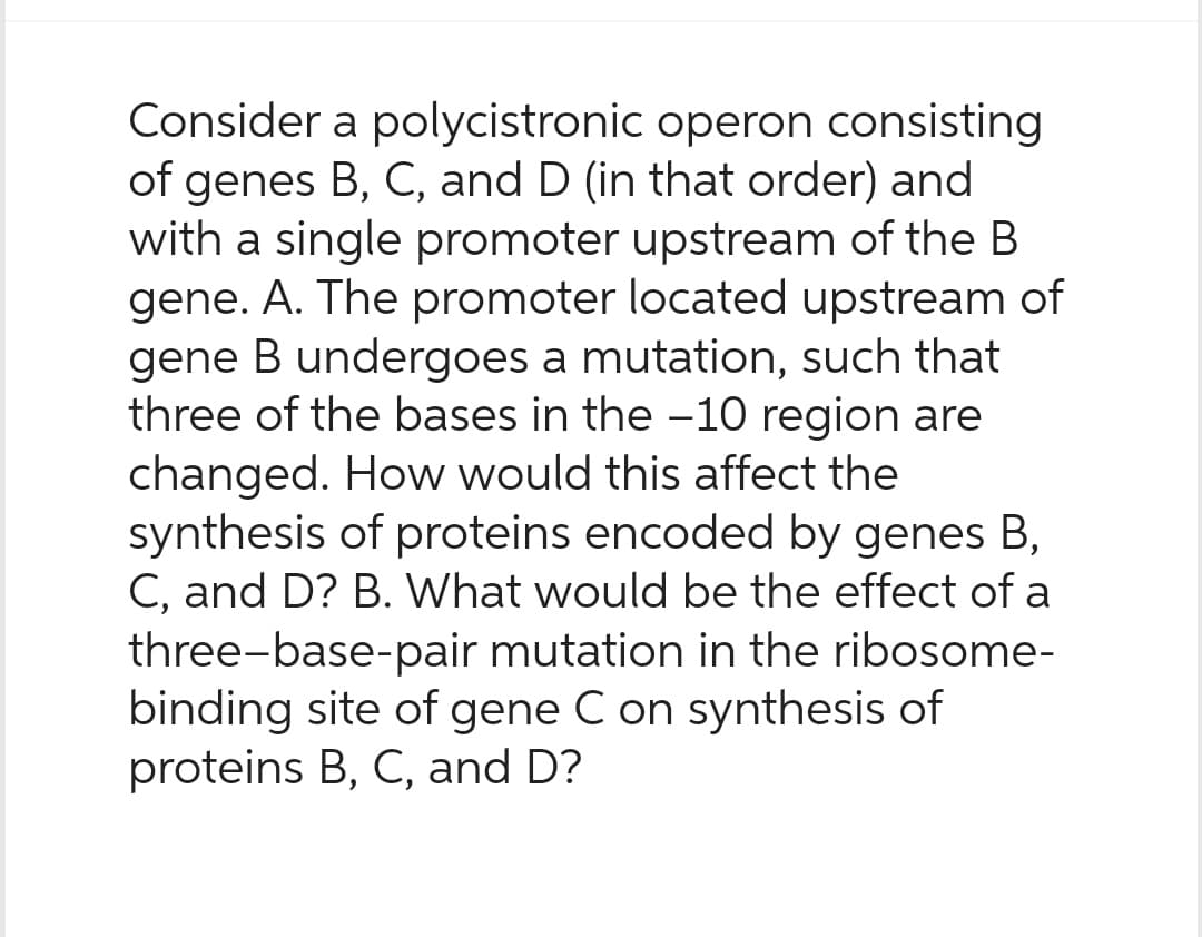 Consider a polycistronic operon consisting
of genes B, C, and D (in that order) and
with a single promoter upstream of the B
gene. A. The promoter located upstream of
gene B undergoes a mutation, such that
three of the bases in the -10 region are
changed. How would this affect the
synthesis of proteins encoded by genes B,
C, and D? B. What would be the effect of a
three-base-pair mutation in the ribosome-
binding site of gene C on synthesis of
proteins B, C, and D?